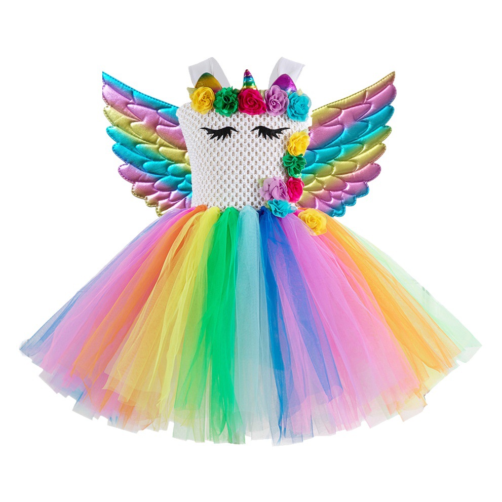 2025 European and American girls children's clothing flower children's dress party birthday performance unkempt skirt send wings tutu skirt wholesale