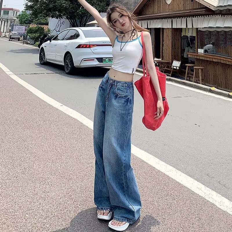 American Style Retro Blue Jeans Women Autumn New High Waist Loose Elegant Straight Dipped Wide Leg Pants