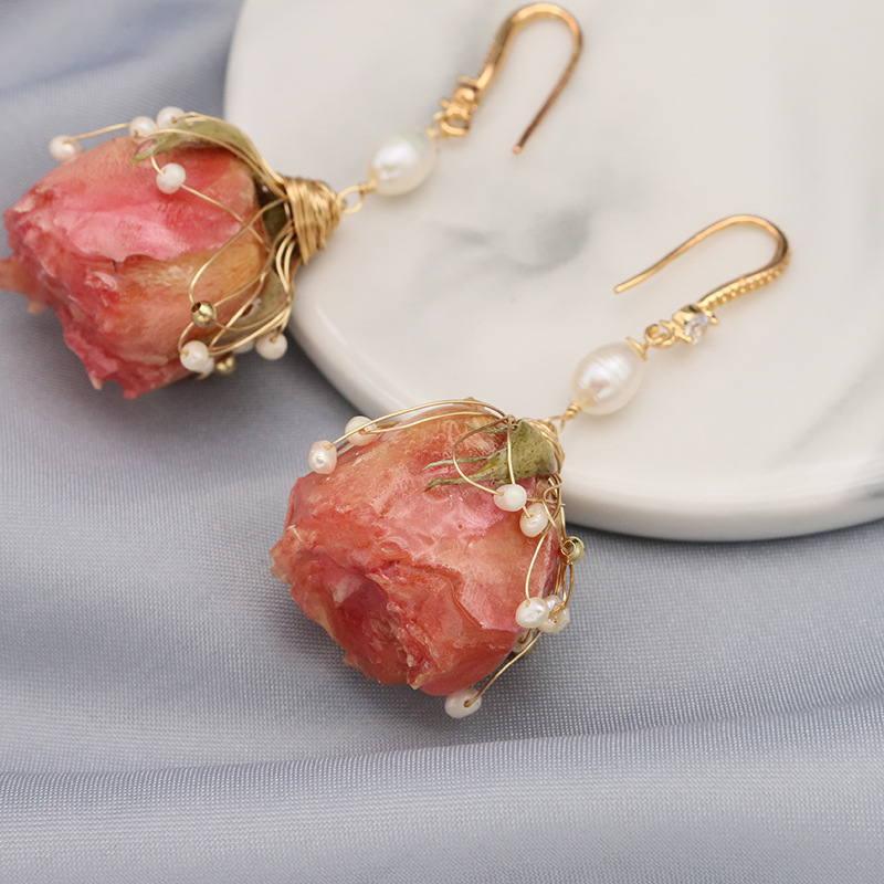 Natural pearl earrings eternal flower Pink Rose earrings European and American sexy antique temperament wholesale 925 silver ear hook