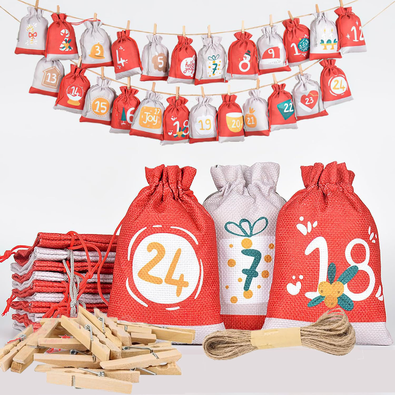 Amazon Hot Sale Christmas Advent Calendar Bag Linen Bundle Pocket suit Cartoon Digital Christmas Candy Bag