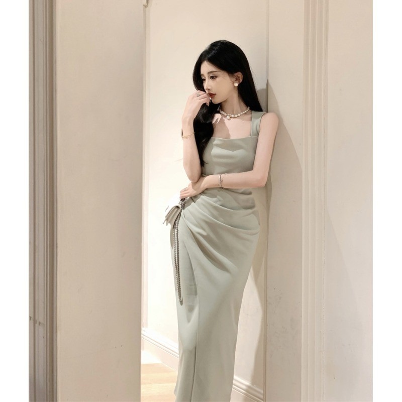 Picture of French Elegant Lady Royal Sister High-end Satin Long Skirt Slim Hip-hugging Square Neck Suspender Dress Summer New Style
