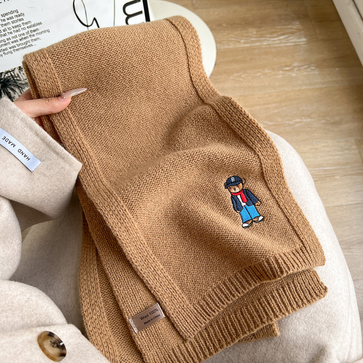 100 Pure Wool Embroidered Gentleman Bear Knitted Scarf for Women Autumn and Winter Fashionable All-match Thickened Scarf for Couple Men