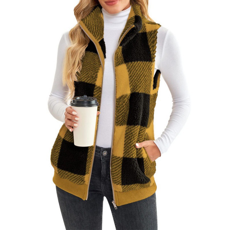 Picture of Spring and Autumn Coat Spring and Autumn Plaid Comfortable Velvet Cardigan Stand Collar Vest Coat Cross-border Women's Clothing