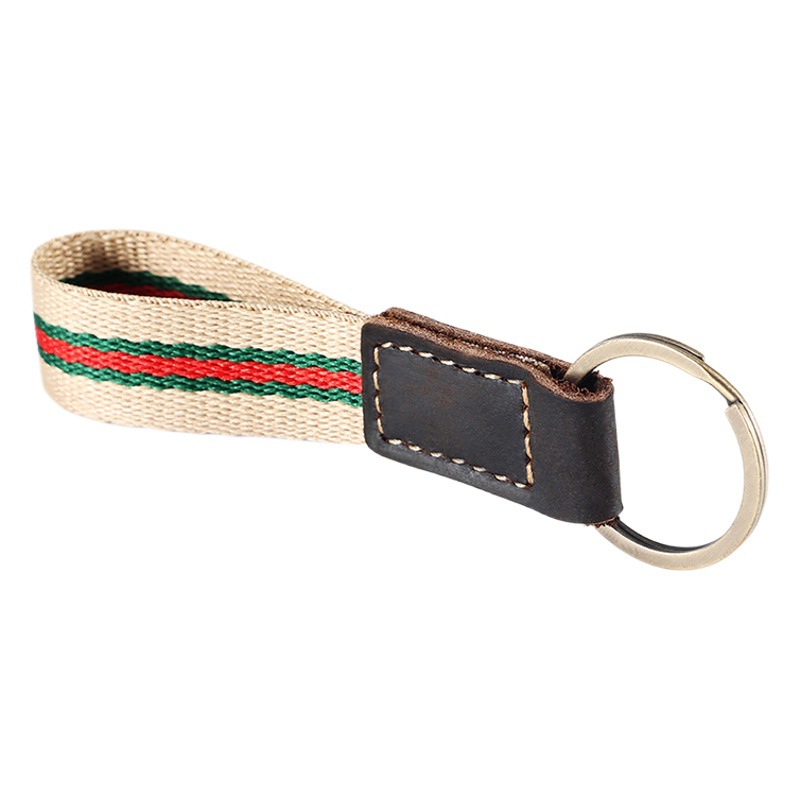 Ribbon nylon keychain stripe multi-functional creative key pendant leather key ring accessories pendant wholesale