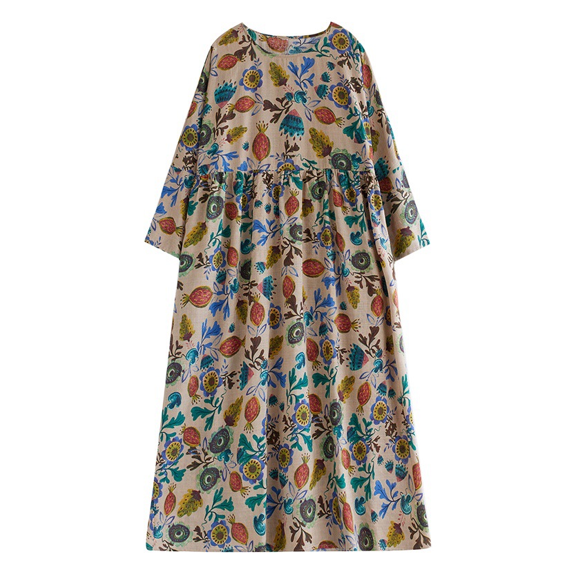 Autumn round neck loose plus size cotton and linen chubby girl artistic holiday style plus size printed long sleeve dress women