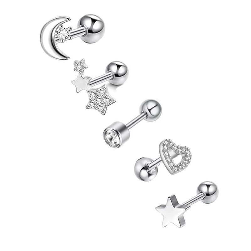 Picture of 5-Piece Set of Amazon Geometric Stainless Steel Zircon Earrings Cross-Border European and American Piercing Jewelry Silver Twisted Tooth Earrings