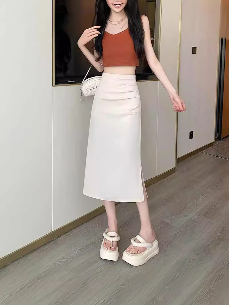 Design Pleated Split Skirt Women's 2024 Summer New Mid-length Light Mature High Waist A- line Hip Skirt