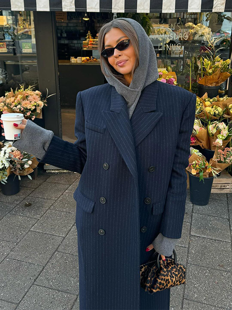 2025 Autumn/Winter Cross-Border Trade New Fashionable Elegant Vertical Striped Long Suit Jacket for Women, Versatile and Slimming