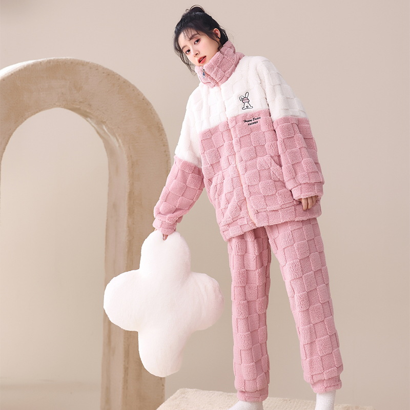 Coral Fleece Pajamas Women's Winter New fleece-lined Thickened Winter Flannel Women's Pink Home Clothes Autumn and Winter