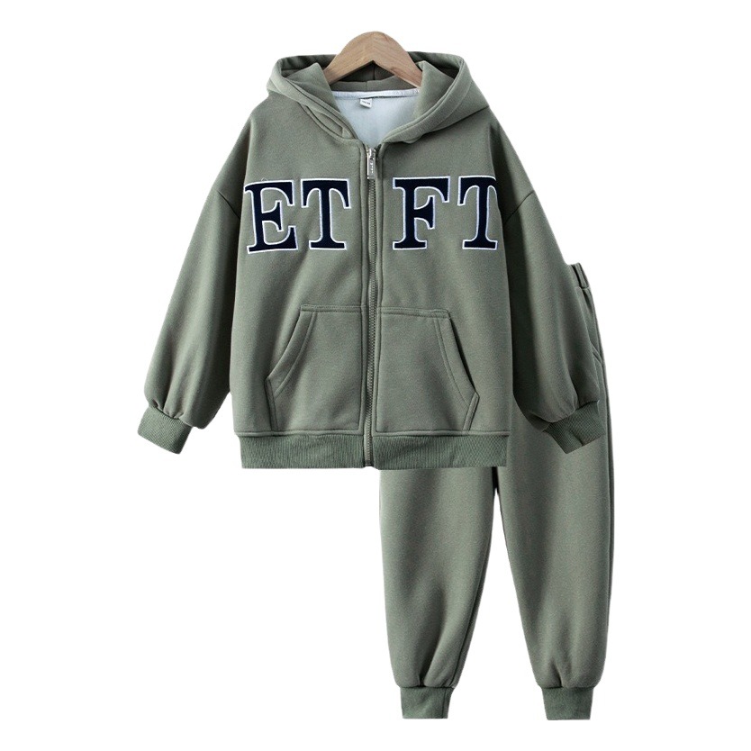 Trendy Brand Boys' One-piece Velvet fleece-lined Thickened Winter Clothes Hooded suit 2023 New Loose Children's Clothes Two Pieces