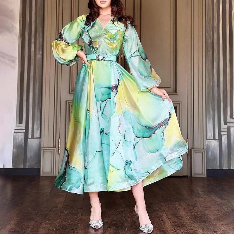 Picture of 2025 Spring and Summer New European and American Export Printed Large Hem Mesh Dress Work Clothing European and American Plus Size Women's Dress