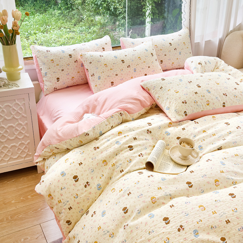 Picture of Class A Maternal and Infant Grade Fresh Small Zhu Cotton Four-piece Set Washed Cotton Bed Sheet Quilt Cover Three-piece Set for Student Dormitory