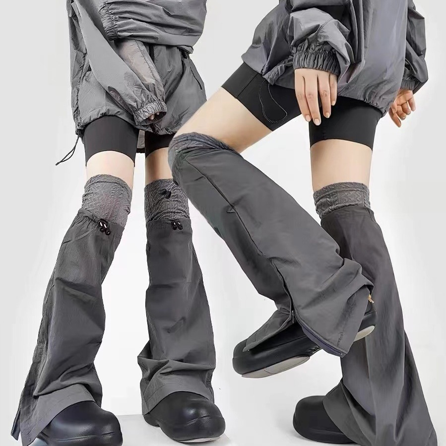 Grey Knitted Mountaineering Stitching Drawstring Functional Style Outdoor Motorcycle Style Millennium Hot Girl Leg Socks Women Ins Trendy