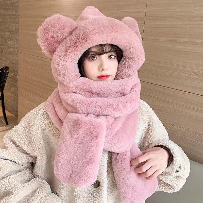 Picture of Winter plush hat scarf gloves one female rabbit autumn and winter three-piece cute thick scarf warm windproof