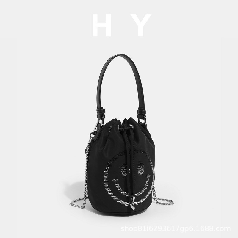 Korean Style New Arrival Drawstring Lightweight Waterproof Nylon Hot Smiley Face Rhinestone Bucket Shoulder Hand Crossbody Bag for Women