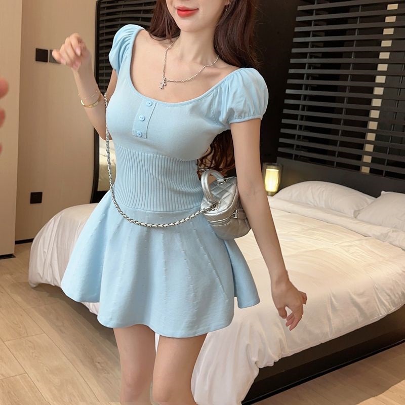 Pure Sexy Knitted dress Women's Ballet Pink Skirt Summer New Sweet Spice Girl Slim-fit Slimming A- line Skirt
