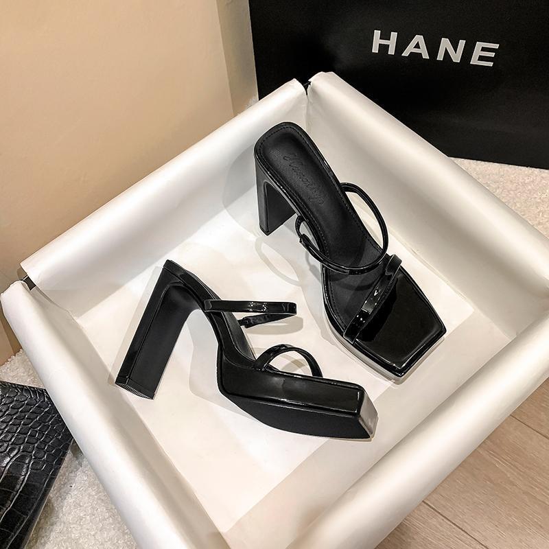 High Heels for Women Black Thick Heel 2025 Summer New Open Toe Patent Leather One-Line Strap Thick-Soled Waterproof Platform Slippers for Women