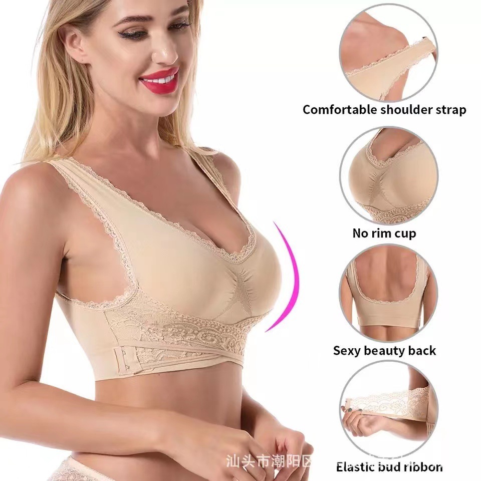 Front cross side buckle lace edge wireless sports bra seamless push up adjustable yoga sleep plus size underwear
