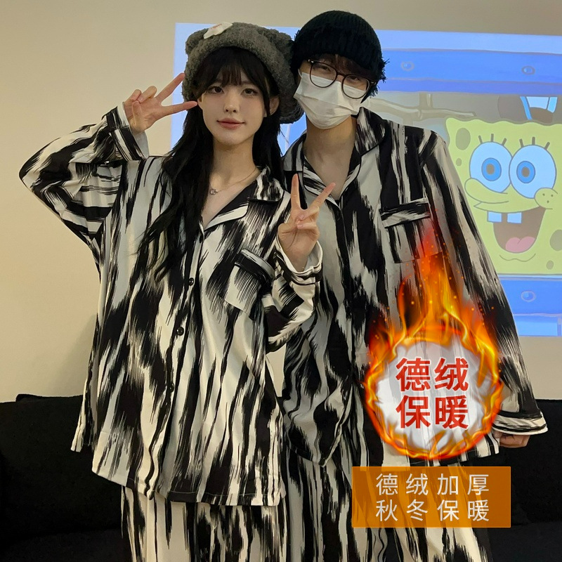German velvet autumn and winter double-sided sanding thickened lovers watermark high-grade stripes warm home clothes suit wear