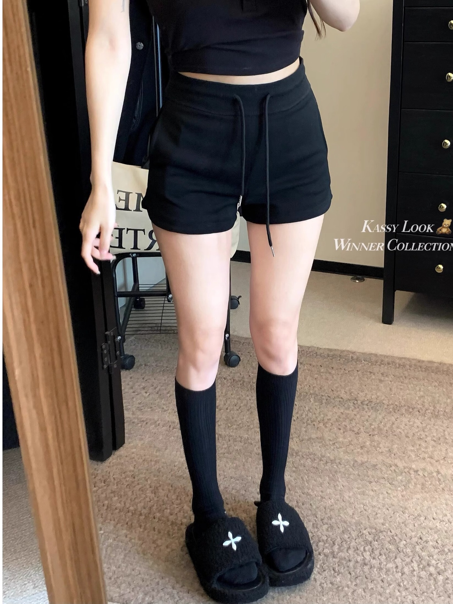Black Tight Straight Casual Shorts Women's Autumn Small Hip Pants Drawstring High Waist All-match A- shaped Hot Pants