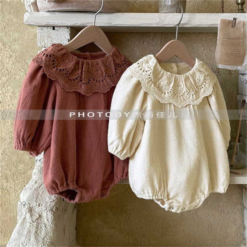 Ins Korean-style Baby and Toddler's Spring and Autumn Jumpsuit Girl Baby's Stylisch Lace Lotus-leaf Collar Wrap-up Hap Climbing Suit
