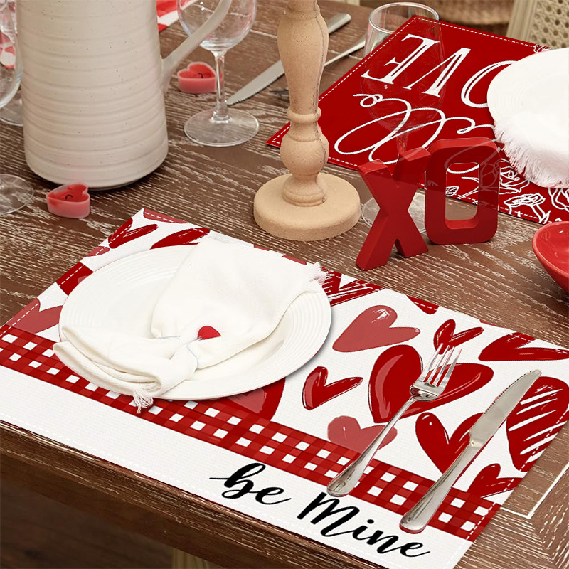 Picture of Valentine's Day Love Rose Printed Placemat Love Love Linen Table Mat Cross-border Home Kitchen Heat Insulation Mat Coaster