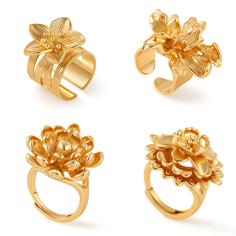 Europe and the United States new personalized flower ring opening design adjustable retro high sense ring copper plated 18K gold
