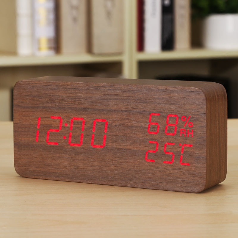 Picture of Creative led wooden clock rectangular indoor temperature hygrometer voice control electronic clock simple wooden alarm clock