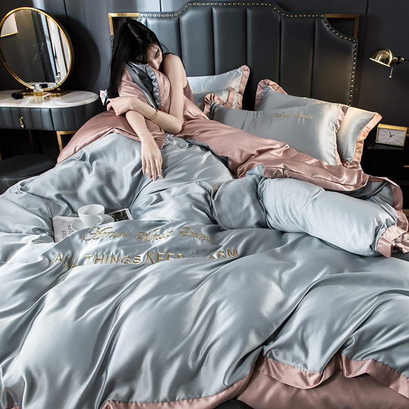 Picture of Summer Ice Silk Four-Piece Set, Light Luxury, Silky Naked Sleeping, Washed Silk Embroidered Bedding, Dormitory Bed Sheets and Quilt Cover, Three-Piece Set