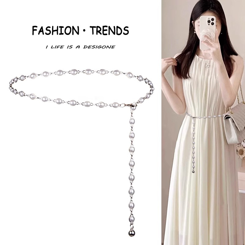 White Pearl Metal Waist Chain Accessories Women's Chanel Style Decoration Dress Sweet All-match Chain Thin Belt