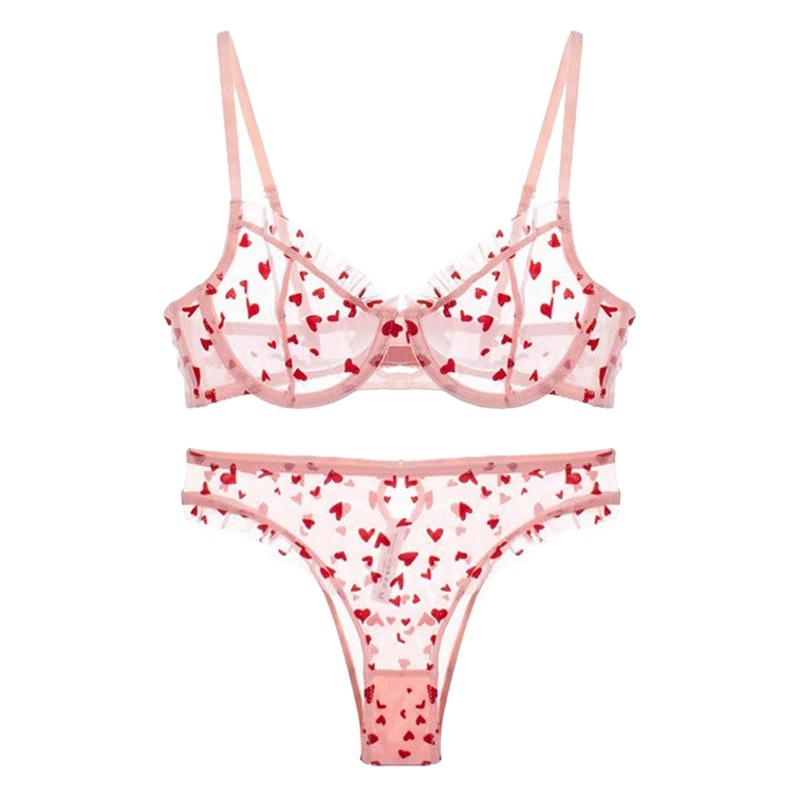 Cross-Border Sexy Lace Underwear Ultra-Thin See-Through Heart-Shaped Printed Sexy Underwear Big Breasts Showing Small Large Size Bra Set