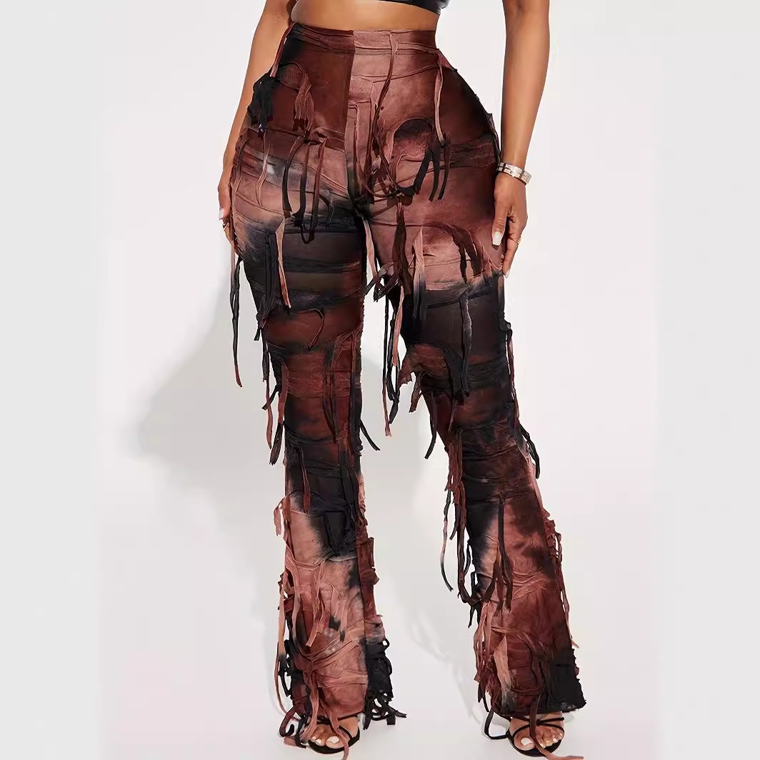 JFL053 European and American Style Fashion High Waist Personality Contrast Color Tie-Dye Trousers Tassel Beggar Casual Pants Women