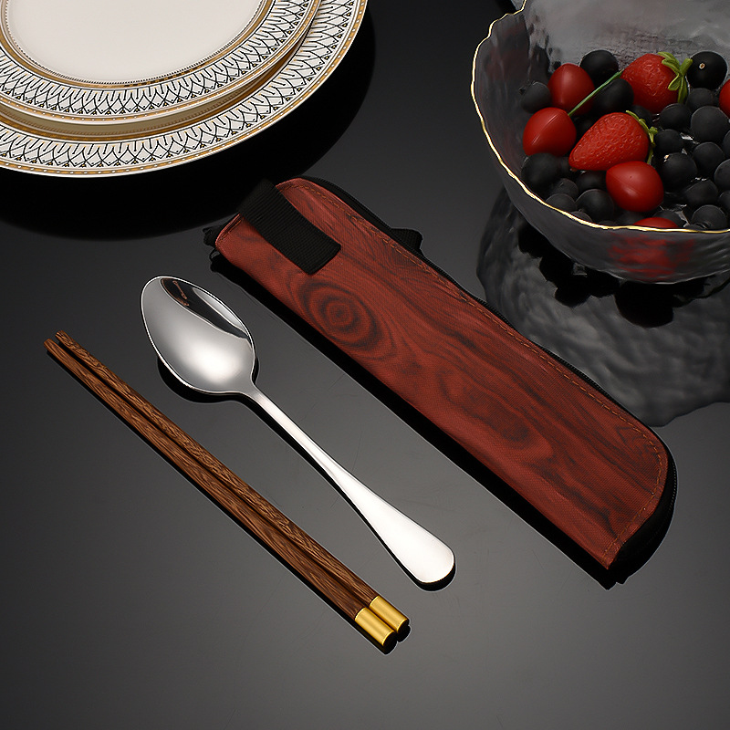Picture of Mingrui stainless steel portable tableware suit high color value high quality chicken wing wooden chopsticks wooden handle soup eating spoon