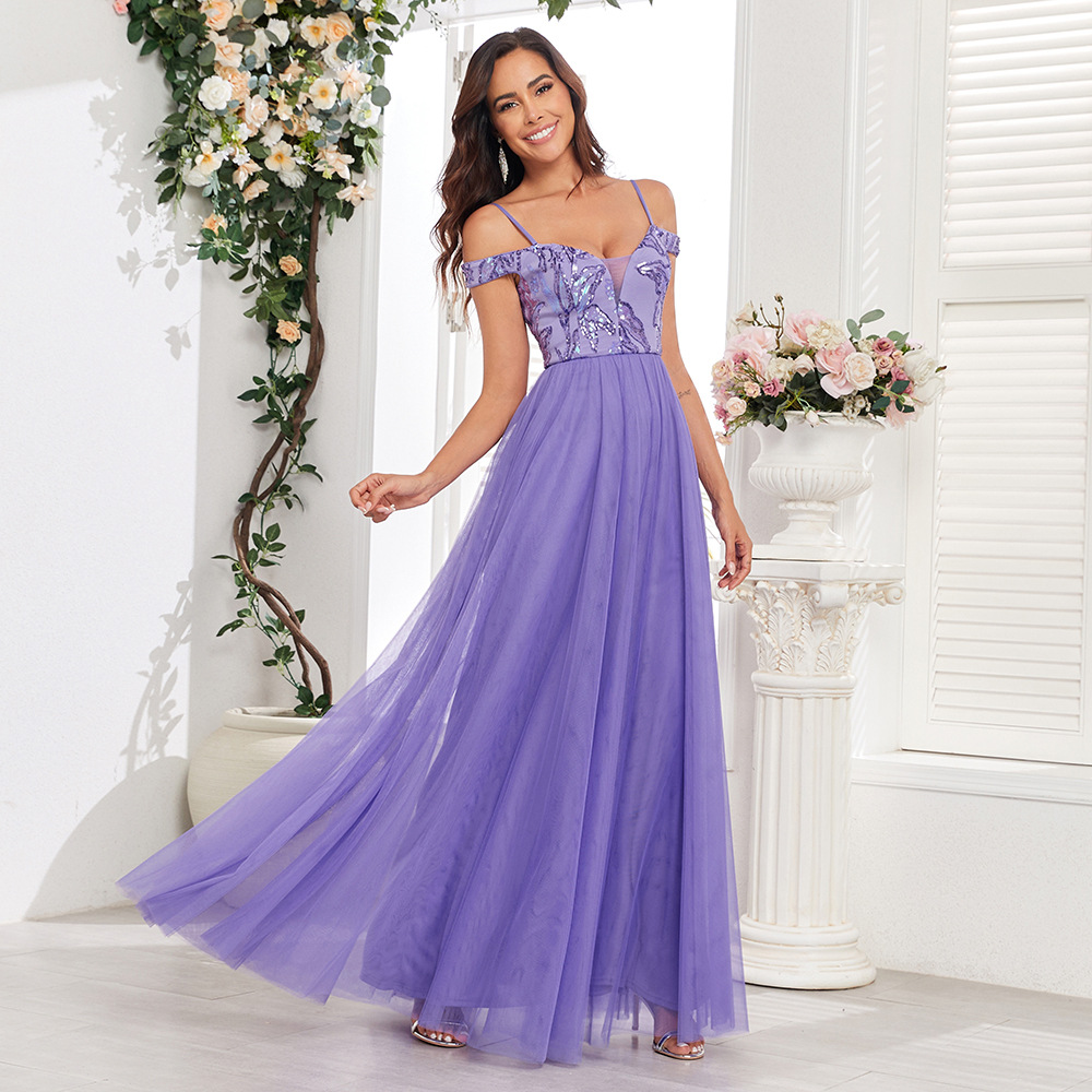 Picture of Cross-border European and American Shoulder Strap Double V-neck Sequin Embroidery Stitching Party Dress Elegant A- pendant Tulle dress