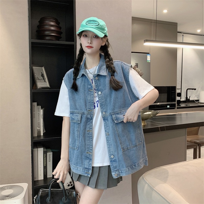 2024 Spring Korean Style New Retro Hong Kong Style Vest Top Women's Mid-Length Waistoutwear Denim Vest Tops
