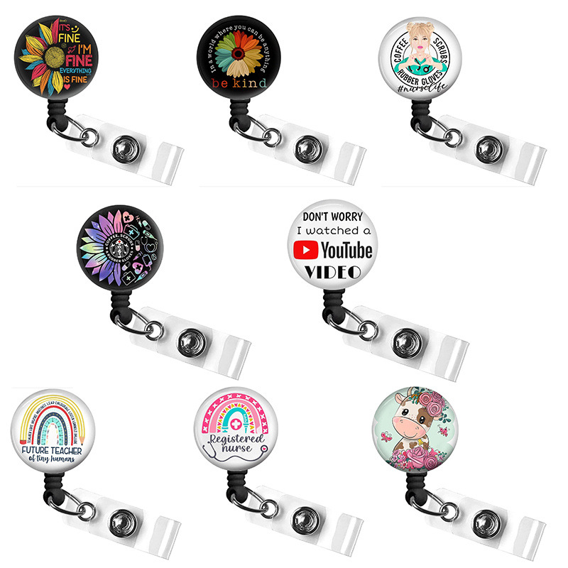Spot fun rainbow retractable easy-to-pull Nurse Badge clip scroll flower anti-lost Crystal badge keychain