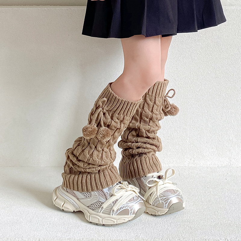 Picture of Children's Socks Autumn and Winter Fur Ball Long Tube Stacked Socks Lolita Vintage brown Thickened Warm Twist Leg Cover