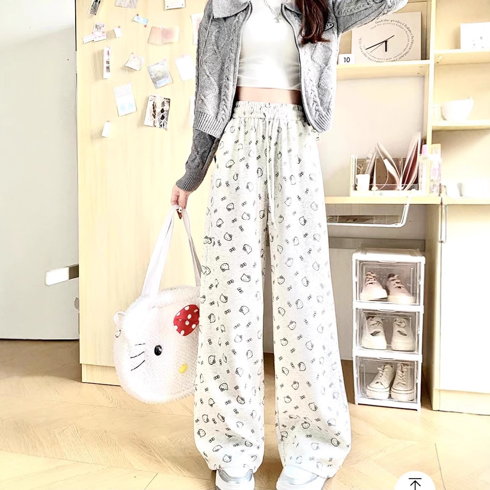 2025 Spring and Summer New Cute Printed Wide Leg Pants Women's Korean Style Fashionable Loose Straight Casual Pants