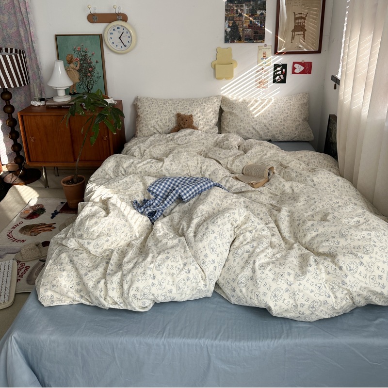 Picture of Small fresh pastoral style cotton bed four-piece set cotton bed sheet quilt cover quilt cover bed hat dormitory three-piece set