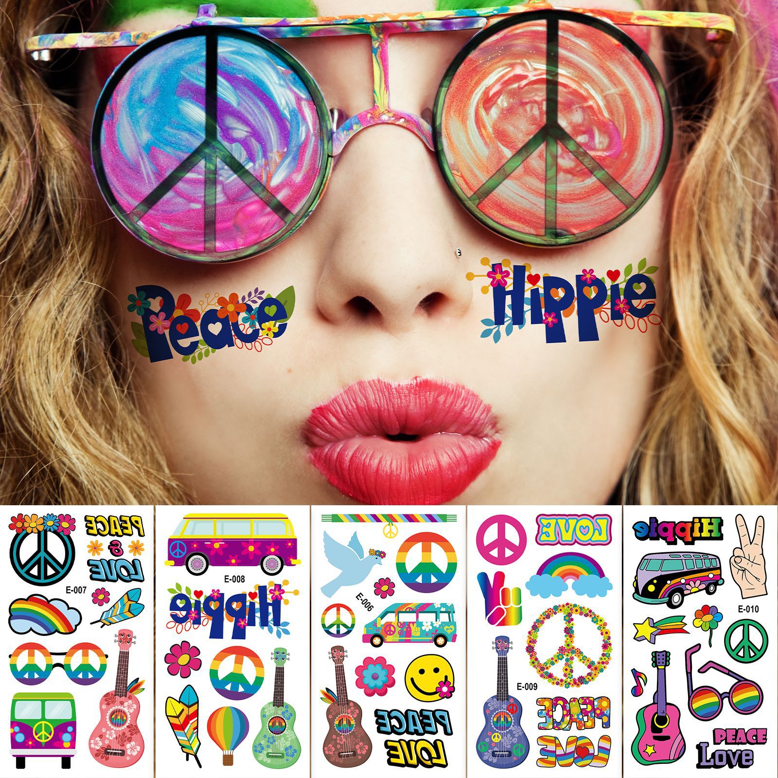 European and American hot selling HIPPIE peace love waterproof tattoo stickers face stickers men and women HIPPIE party tattoo stickers