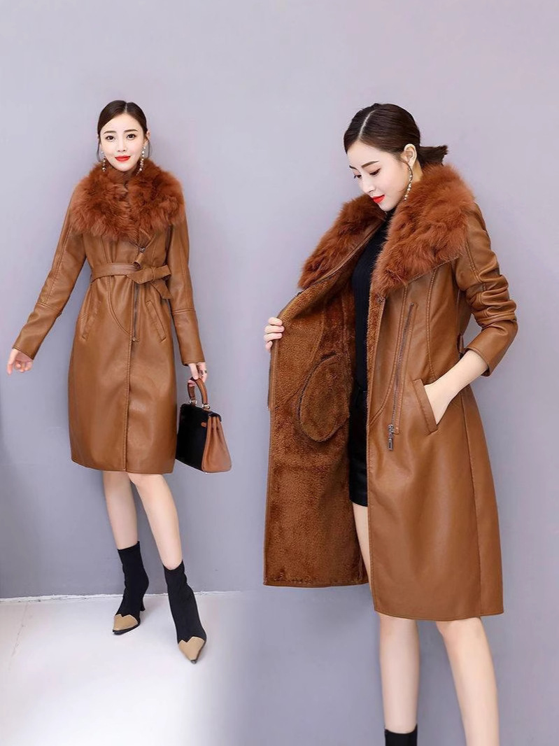 [Noble Light Luxury] Korean Women's Winter fleece-lined Fur Coat Mid-length Slim-fit Strap Large Fur Collar Leather Coat