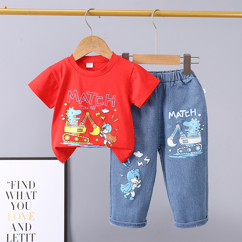 Picture of Summer 2024 new 0-5 years old children's suit cartoon car animal crew neck short sleeve jeans two piece cotton