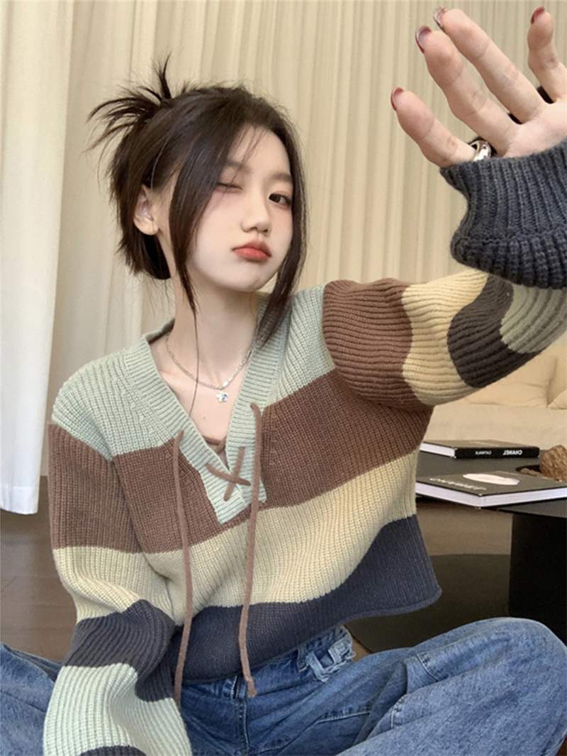 Striped Contrast Lace-up Knitted Sweater Women's Spring and Autumn New Design Sense V-Neck Loose Slimming Short Long-sleeved Top