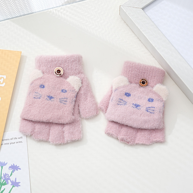 Picture of Children's flip gloves autumn and winter boys half finger warm cute Primary School students writing knitted dual-purpose gloves wholesale