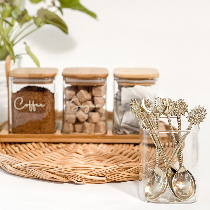 Picture of Light Luxury Kitchen Supplies Seasoning Jar Full Set Household Glass Jar Wooden Spoon Sealed Jar Combination Three-piece Seasoning Bottle