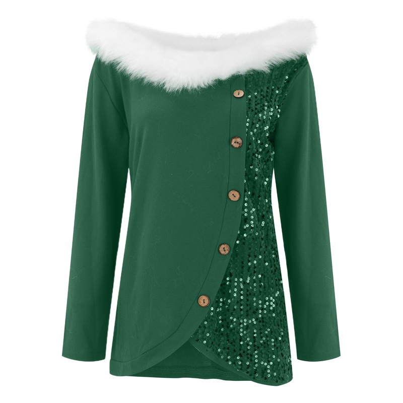 2023 New European and American Amazon Large Round Neck Shoulder Fur Collar Sequin Stitching Christmas Long Sleeve Top Women's Clothing
