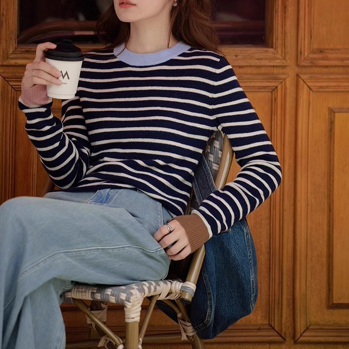 Picture of 1313 Chic Blue Striped Merino Wool Alpaca Base Sweater Soft Waxy Sweater