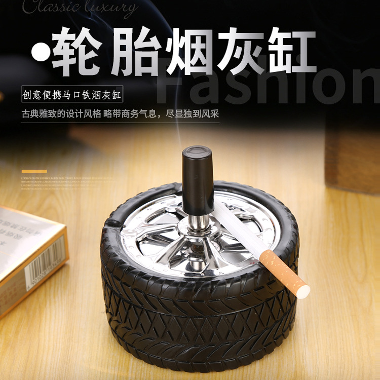 Picture of Covered Push Tire Type Windproof Rotating Practical Smokeless Metal Ashtray Round Stainless Steel