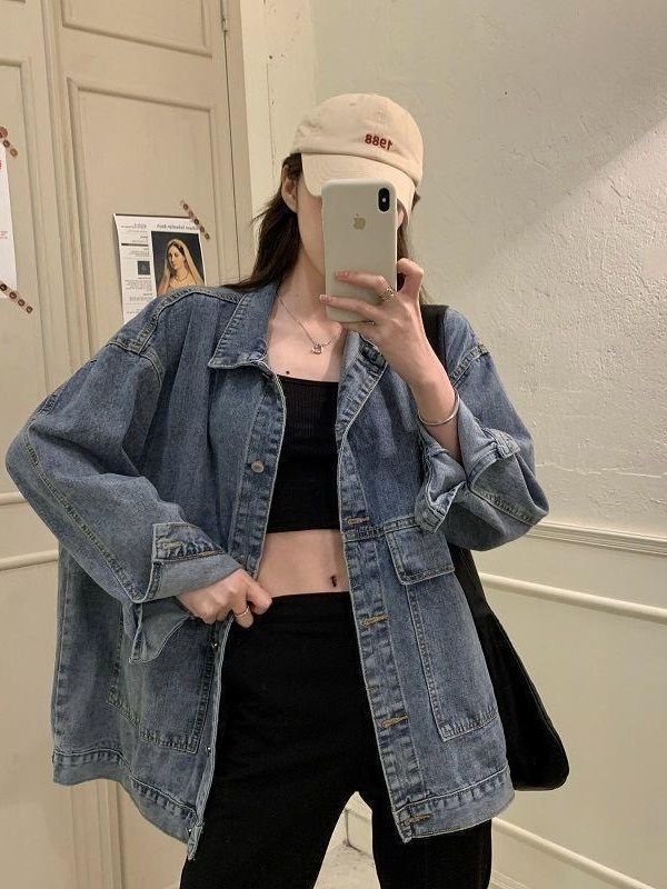 Denim Jacket Female Students Spring and Autumn Korean Style New Loose Jacket BF All-match Large Pocket Mid-length Work Top