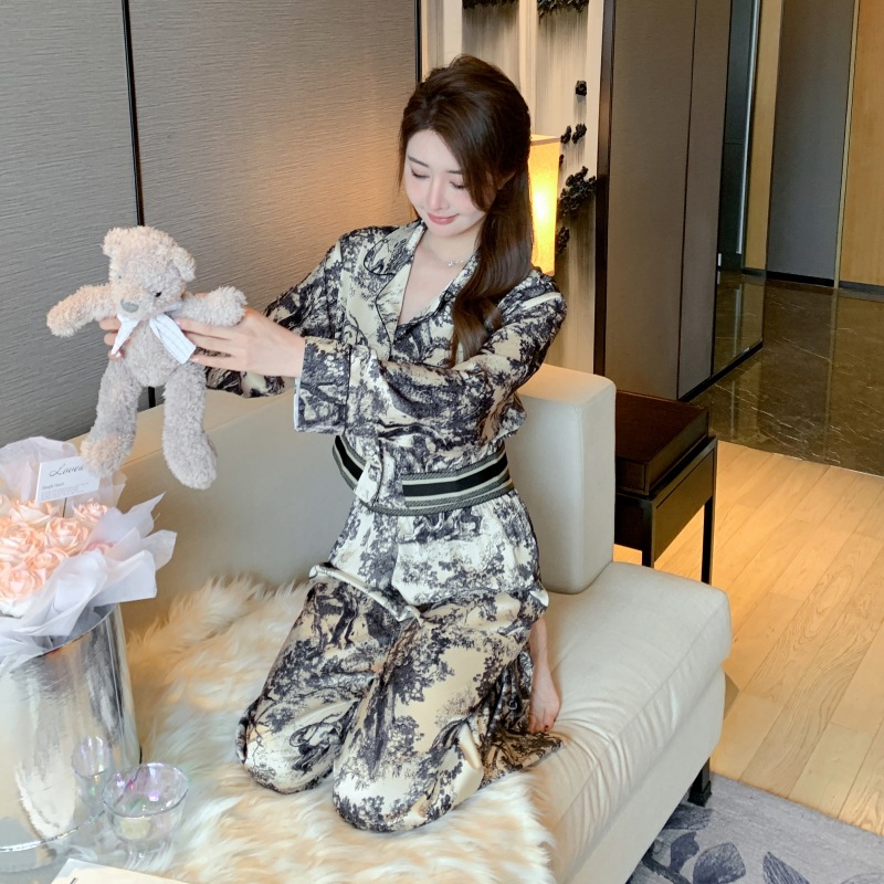 [Brief Jungle Style] Spring and Autumn New Ice Silk Pajamas for Women, Light Luxury Printed Long Sleeve Pants, Elegant Loungewear, Light Luxury Style